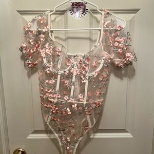 Lingerie style white and pink floral onsie